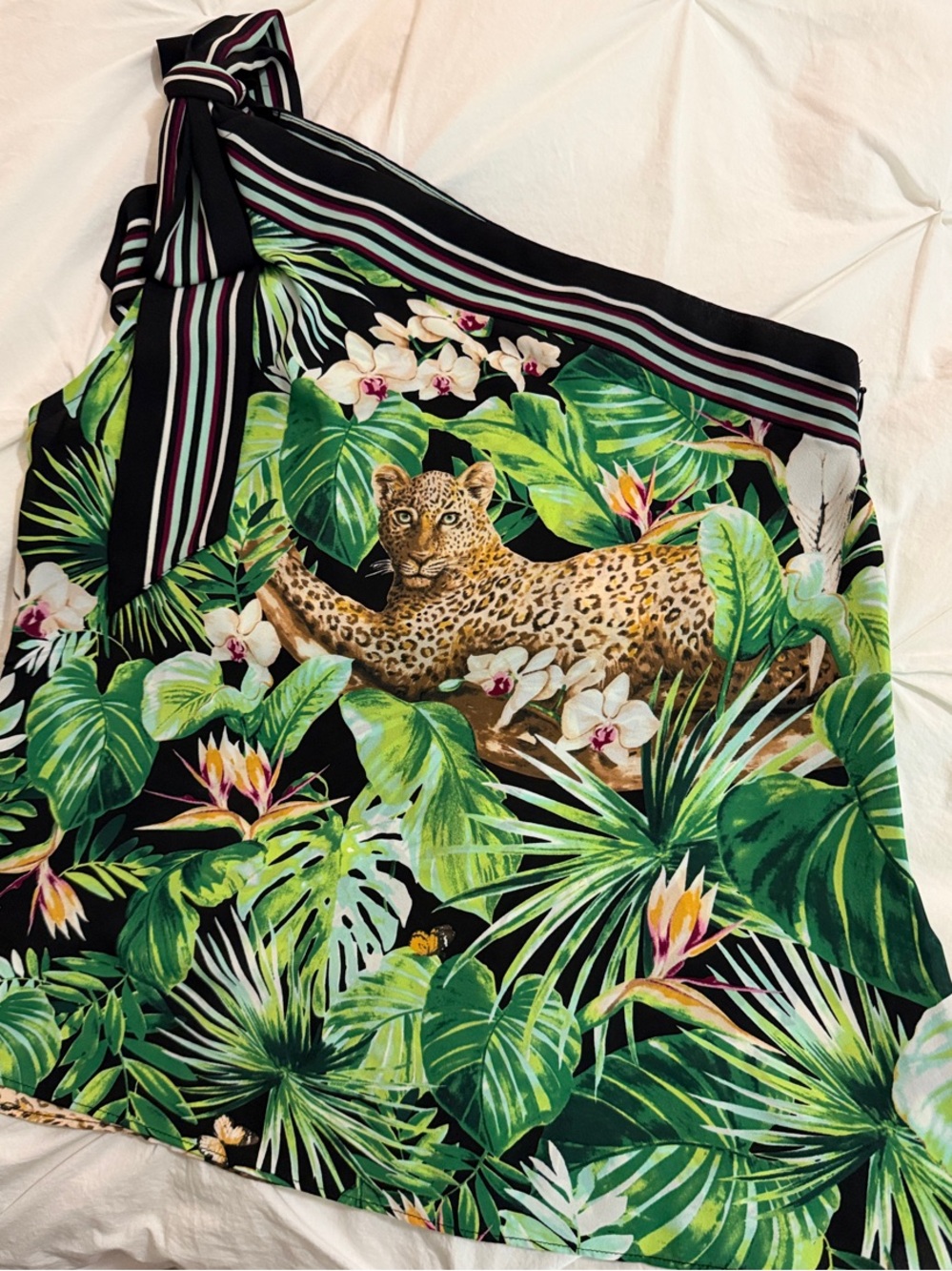 White House Black Market Tropical Leaf & Leopard Print Top - Green & Black